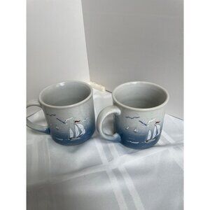 Vintage Otagiri Set-2 Ceramic Nautical-Themed Mugs With Sailboat, Seagull Ocean